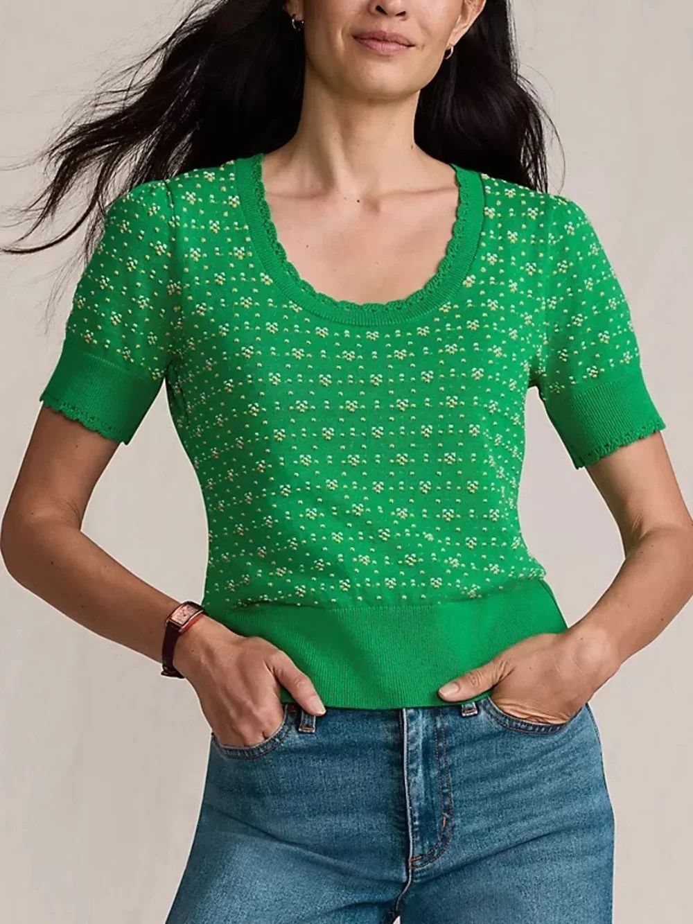 Land's End Green Yellow Jacquard Scoop Neck Fine Gauge Knit Short Sleeve Sweater